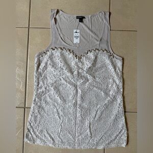 Express Embellished Lined Lace Tank with Faux Pearls and Rhinestones Size Medium